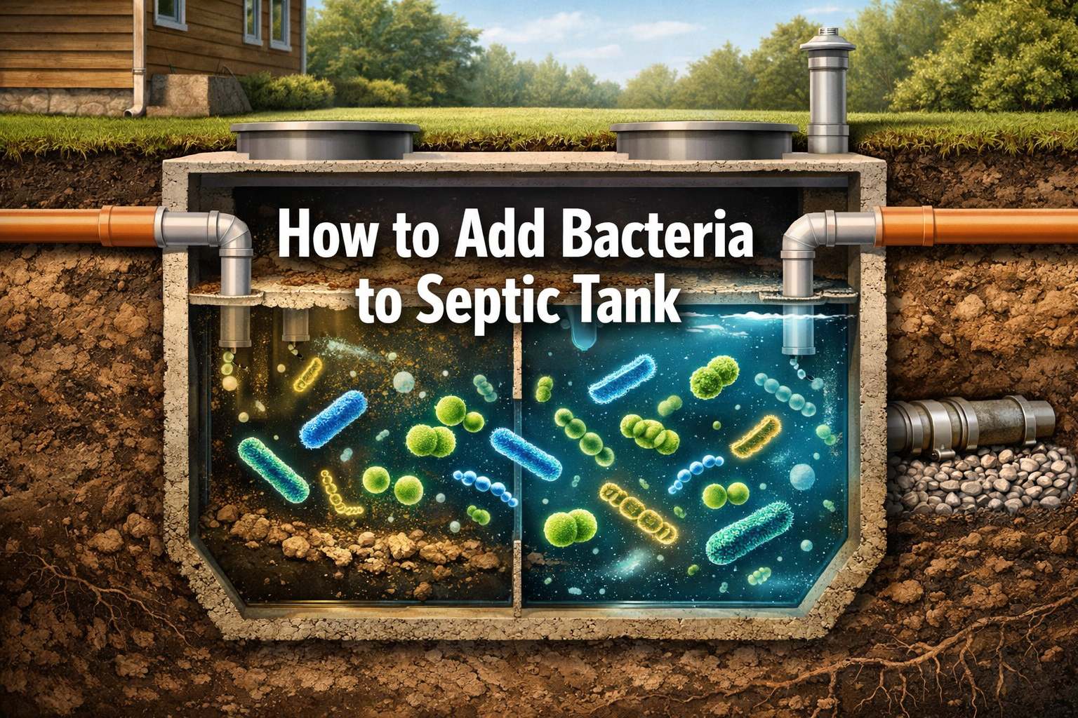 Professional landscape format (1536x1024) hero image with bold text overlay 'How to Add Bacteria to Septic Tank' in 70pt white sans-serif fo