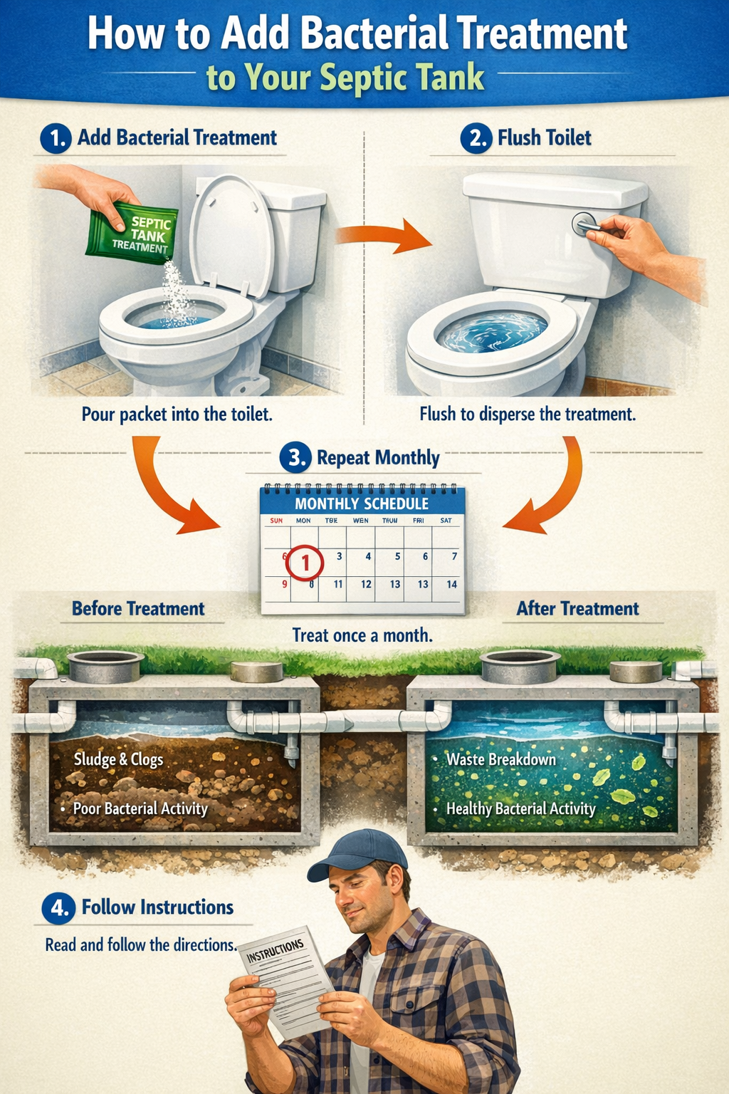 Portrait format (1024x1536) infographic showing step-by-step process of adding bacterial treatment to septic tank. Visual elements include s
