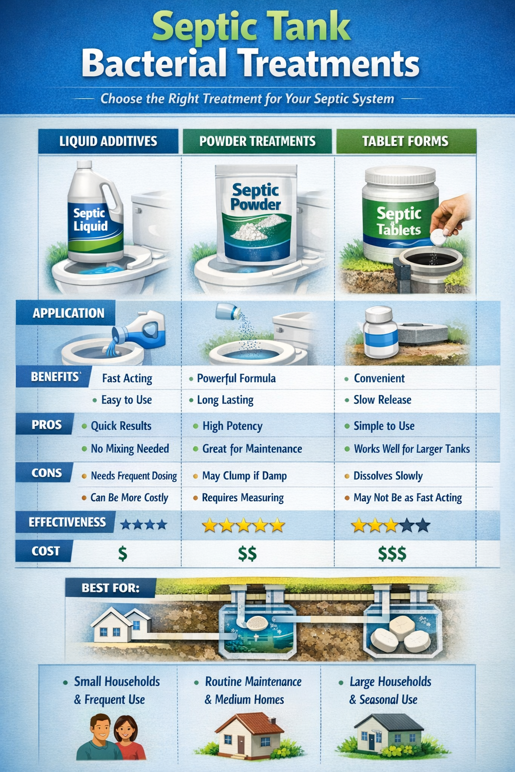Portrait format (1024x1536) comparison chart displaying different types of septic tank bacterial treatments including liquid additives, powd