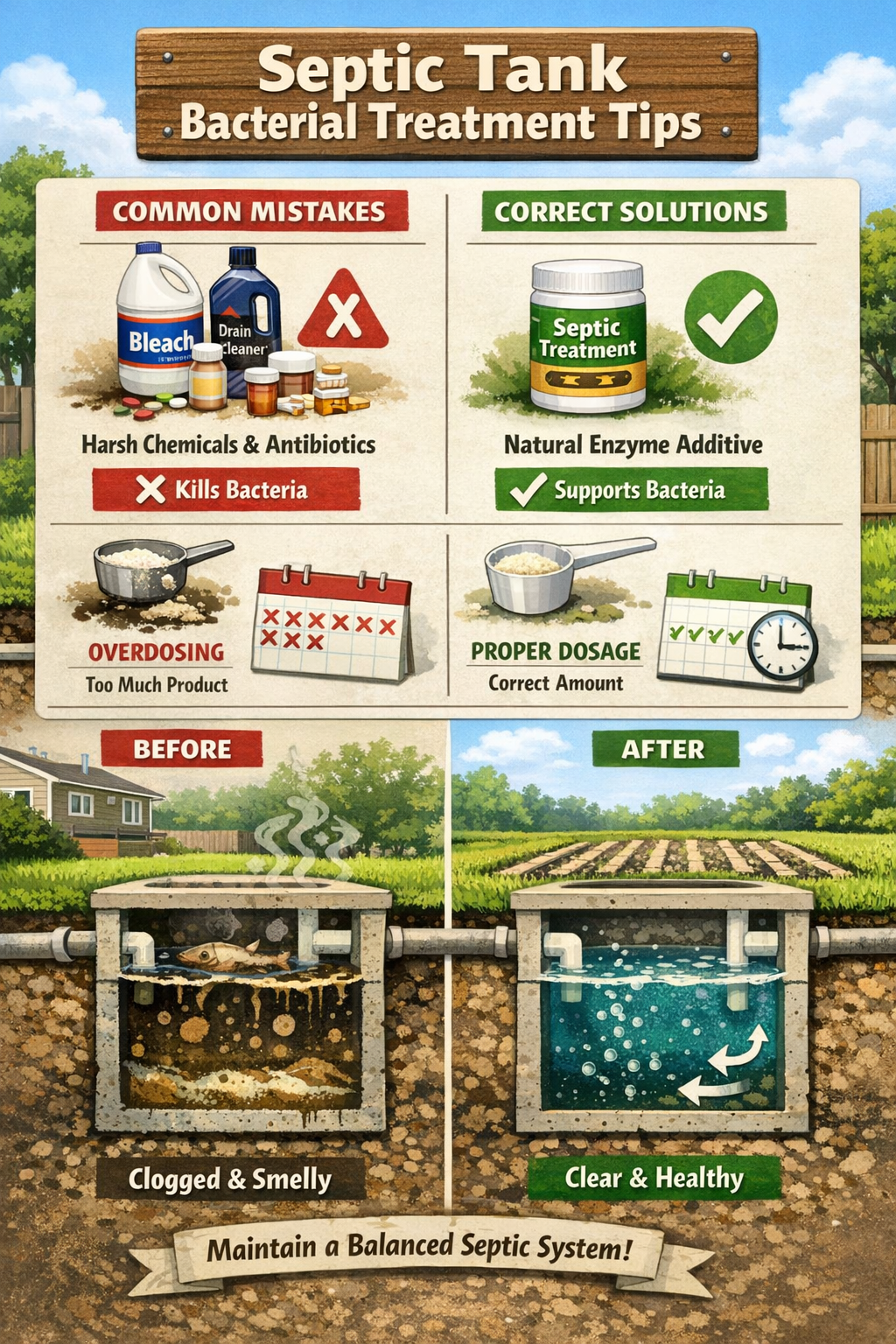 Portrait format (1024x1536) troubleshooting guide illustration showing common septic tank bacterial treatment mistakes and solutions. Visual
