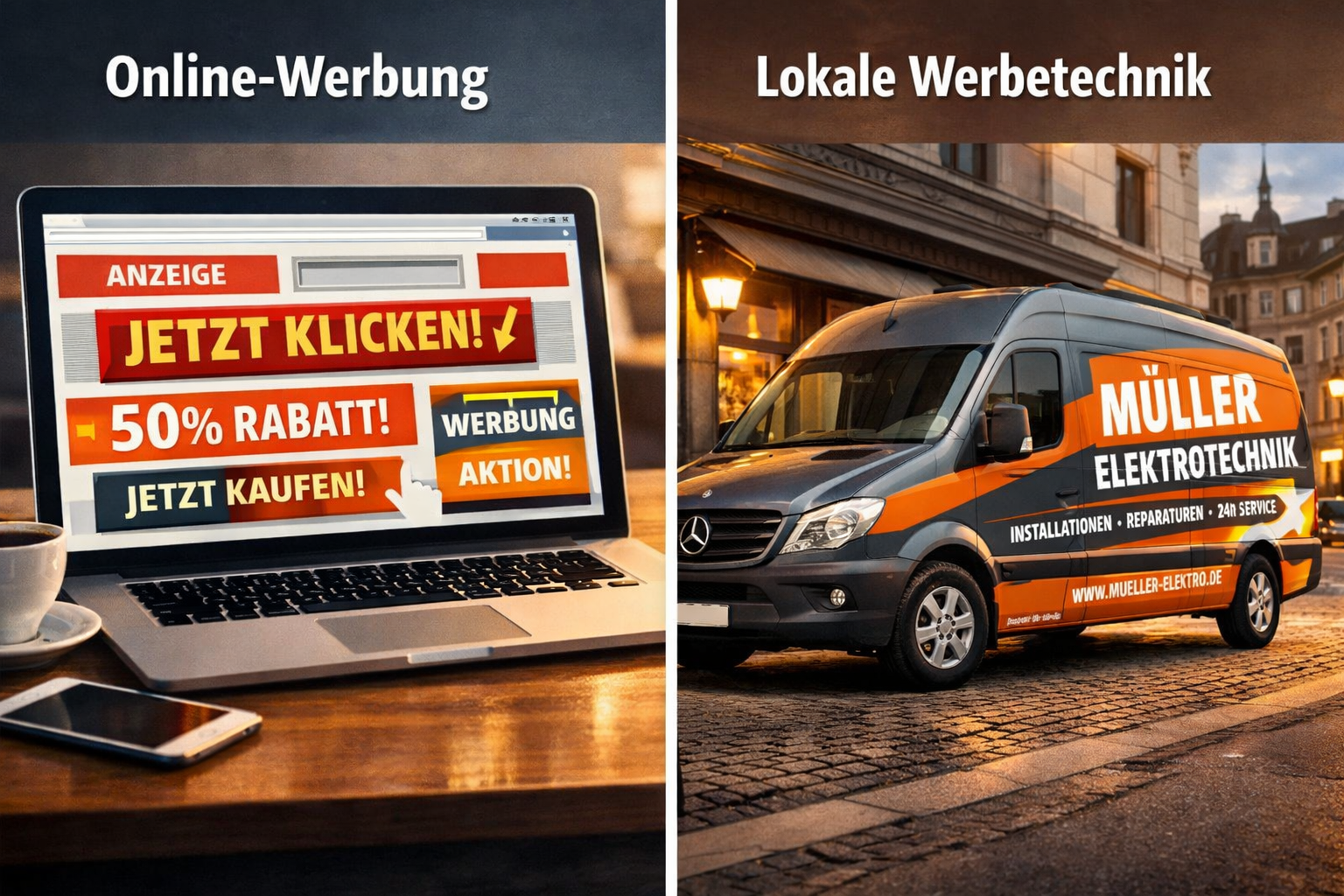 () editorial illustration showing a split-scene comparison: left side depicts a generic online banner ad on a laptop screen