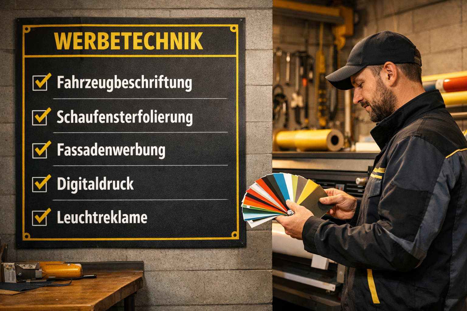 () infographic-style image showing a checklist board mounted on a workshop wall with German text labels: