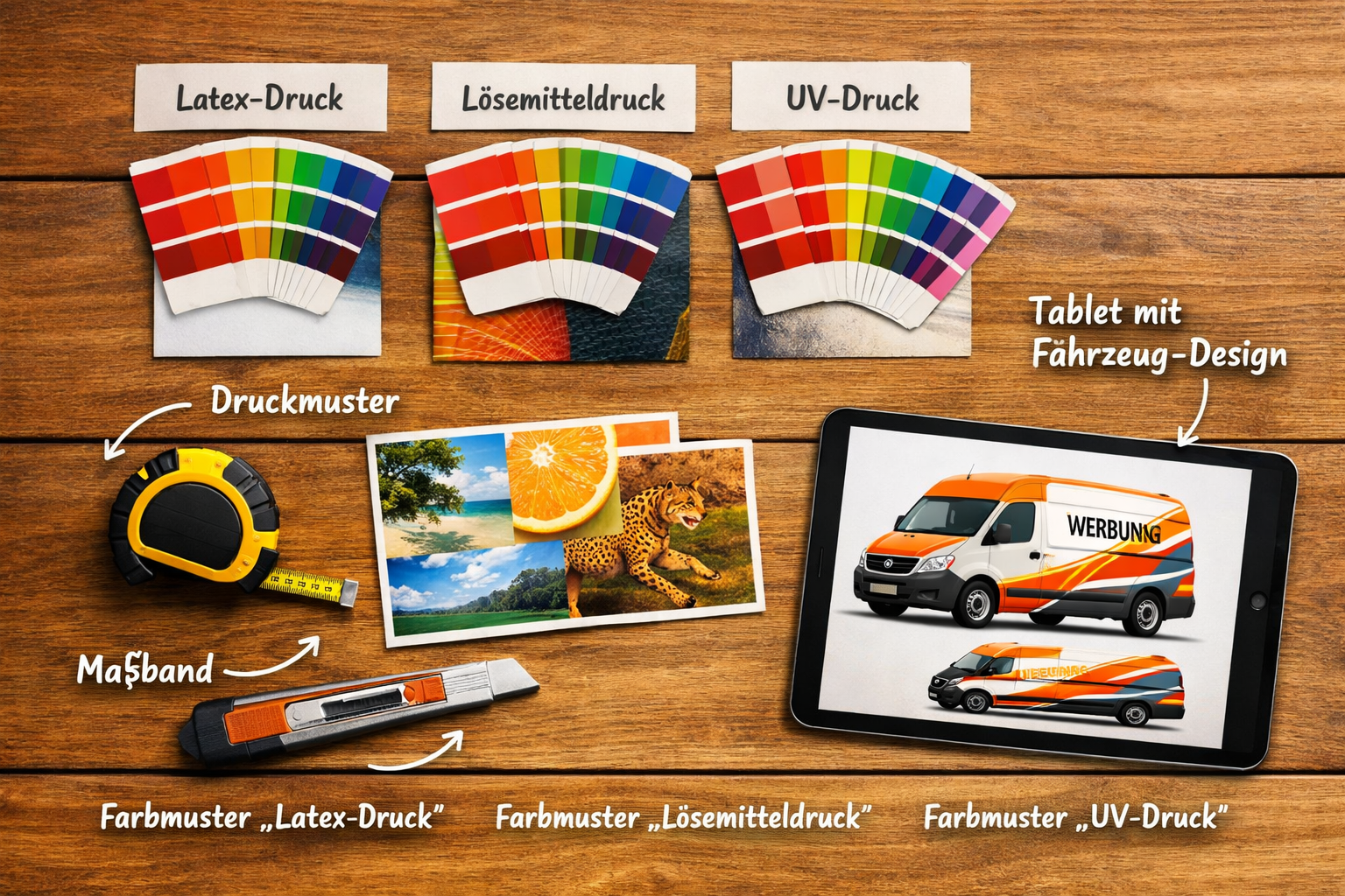 () overhead flat-lay concept image showing a wooden desk with printed material samples, color swatches labeled