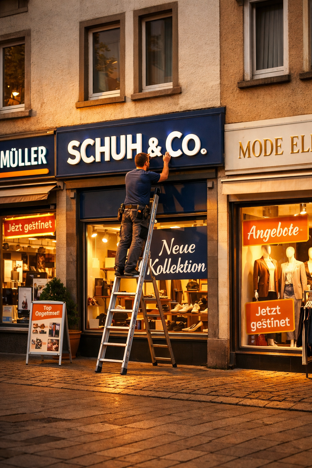 () street-level perspective photo showing a row of three small German retail shops on a pedestrian zone, each with distinct