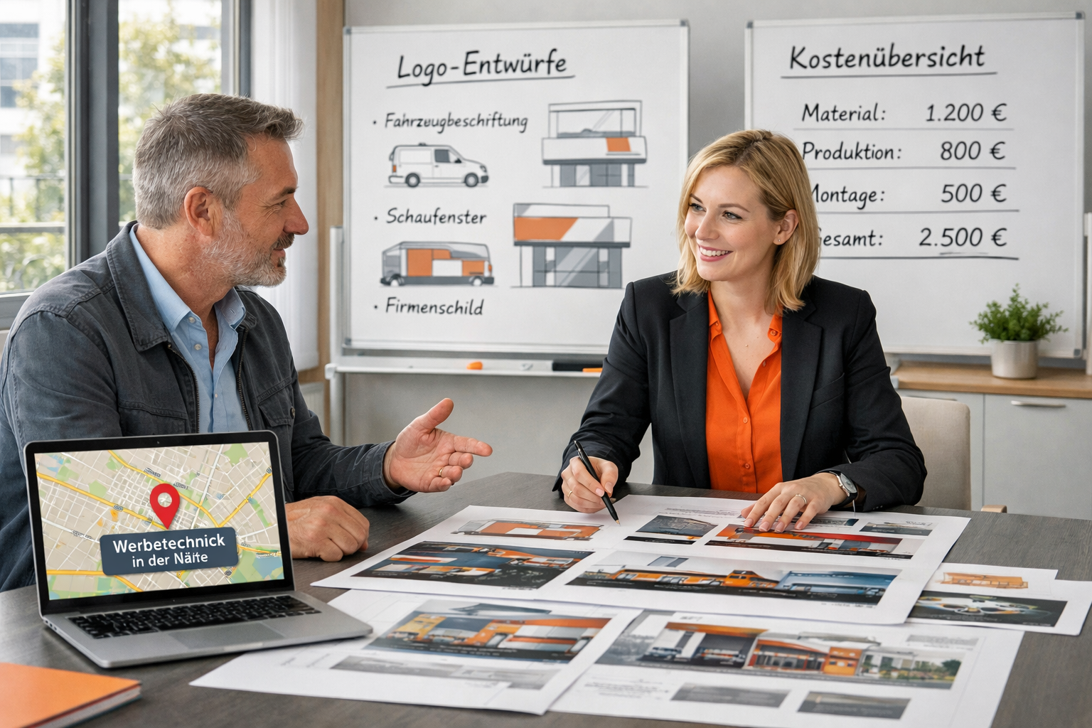 () modern office meeting room scene where a client and a Werbetechnik consultant review large printed design proofs spread