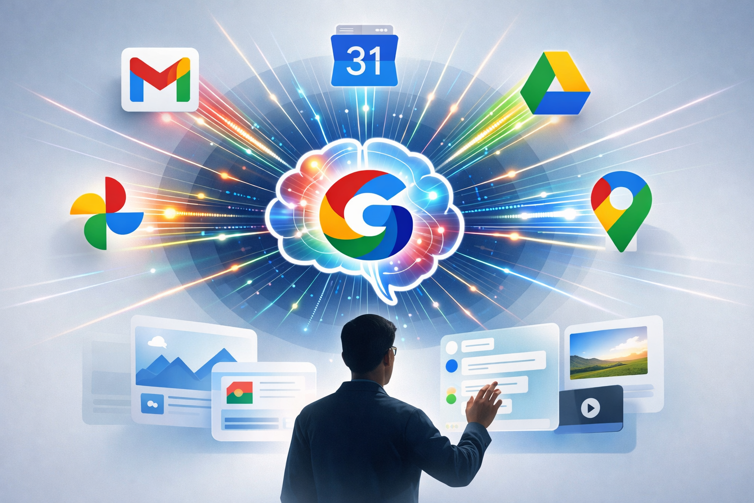 Conceptual illustration showing Google Gemini brain icon at center with radiating connections to various Google services (Gmail, Calendar, D