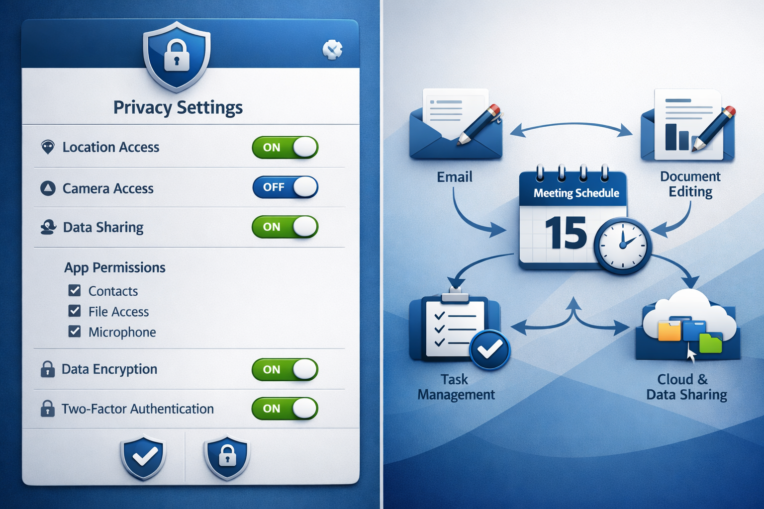 Split-screen composition showing left side with privacy control dashboard interface featuring toggle switches, permission settings, data acc