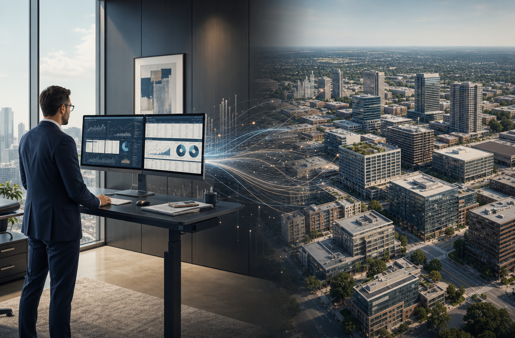 Professional () image showing a split-scene composition: on the left, a REIT analyst at a standing desk with dual monitors