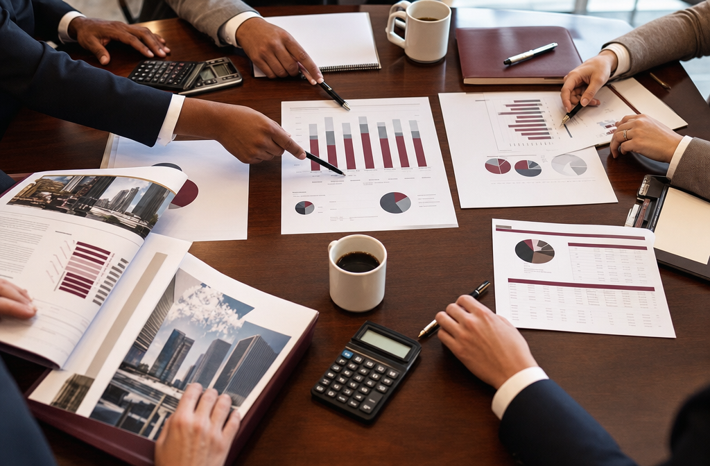 Professional () image showing a wide-angle overhead shot of a polished conference table with salary comparison charts,