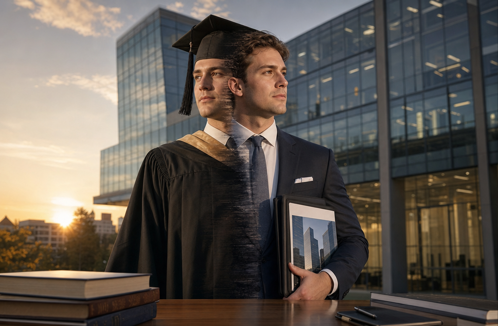 Professional () image showing a university graduate in cap and gown on the left transitioning into a suited professional