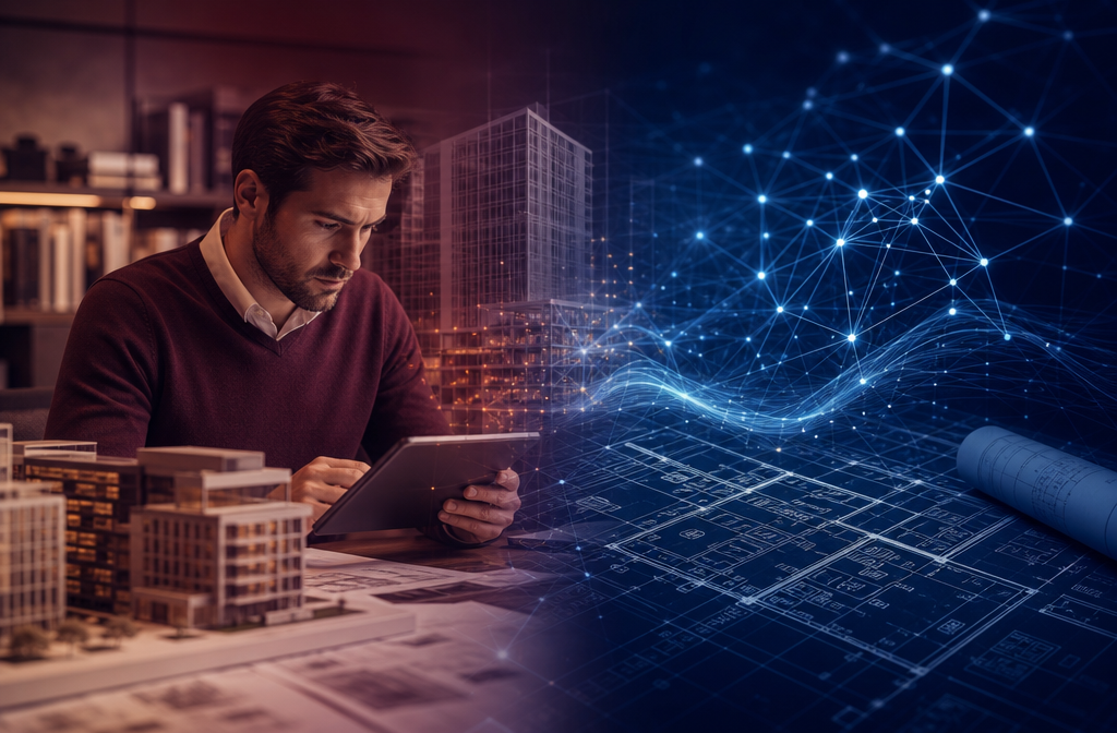 Professional () image showing a futuristic split-scene: on one side a human REIT acquisitions analyst reviewing property