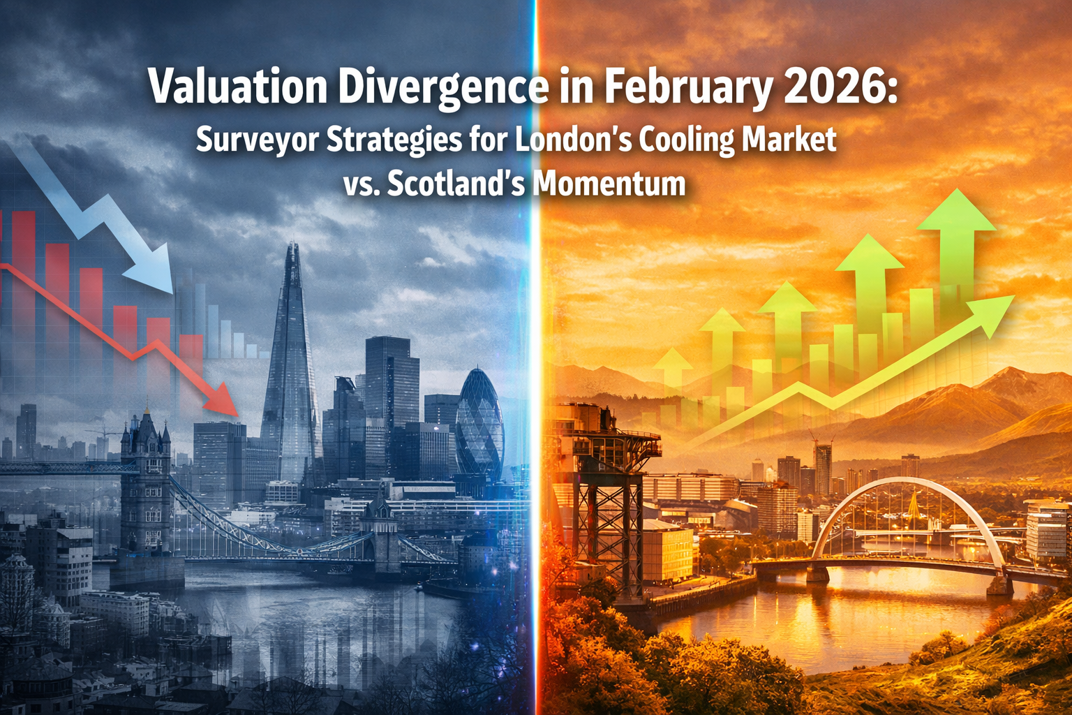 Professional () editorial hero image featuring 'Valuation Divergence in February 2026: Surveyor Strategies for London's