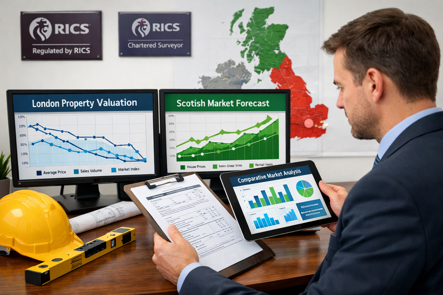 Detailed () image showing professional surveyor in business attire examining property documents and digital tablet