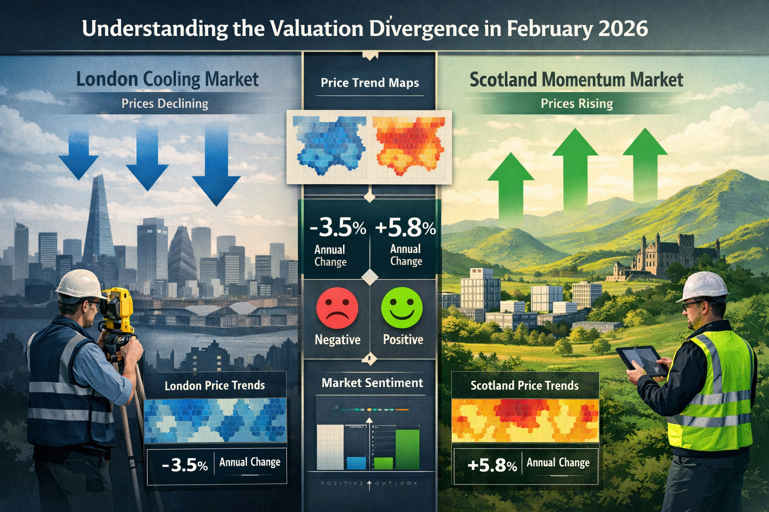 A split-screen editorial infographic visualizing regional property market dynamics for 'Understanding the Valuation