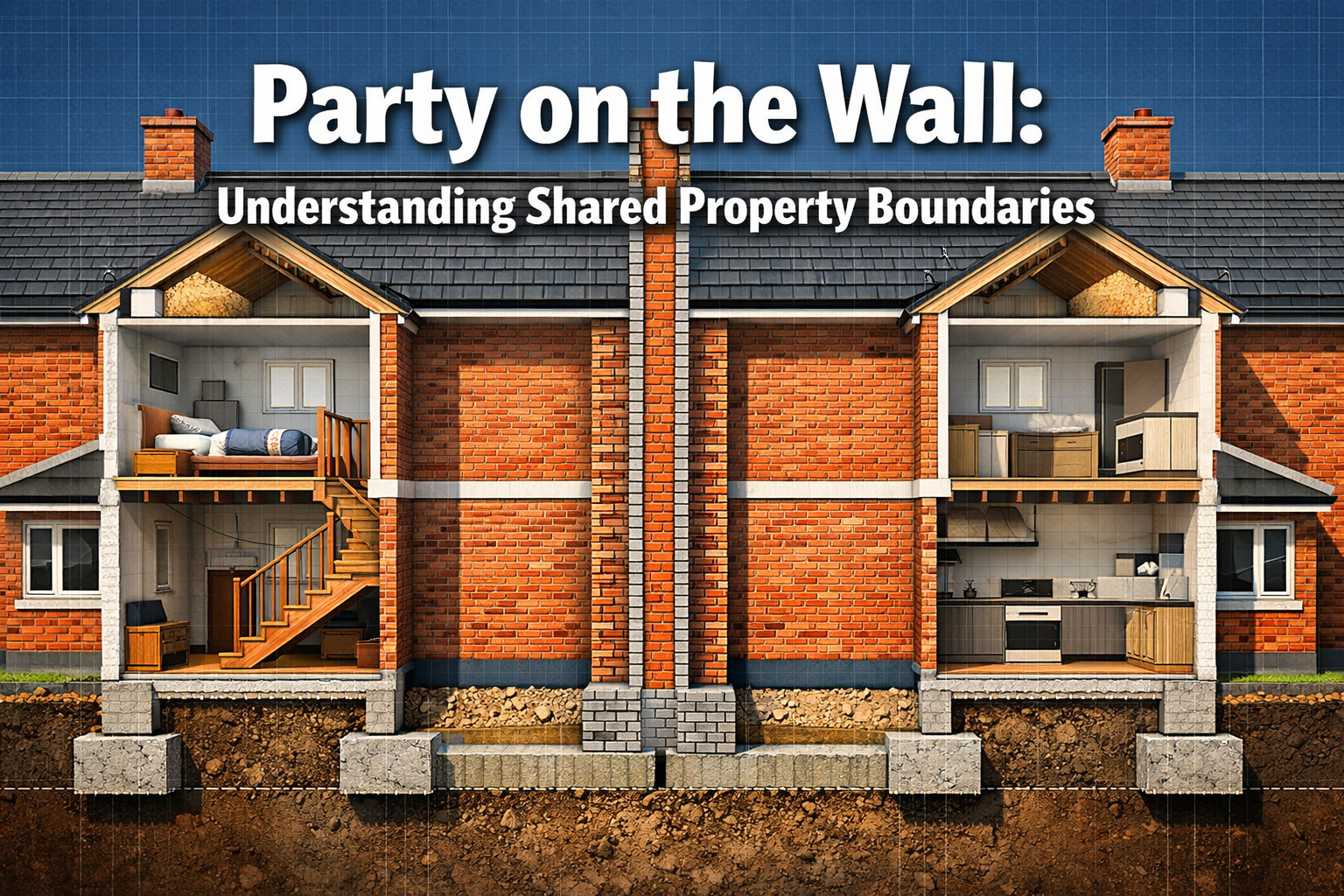 Professional landscape format (1536x1024) hero image featuring bold text overlay 'Party on the Wall: Understanding Shared Property Boundarie