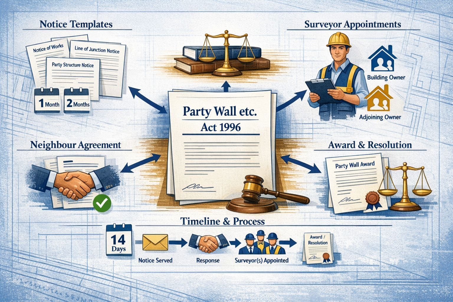 Detailed landscape format (1536x1024) illustration showing comprehensive legal framework diagram for party wall procedures. Central focus on