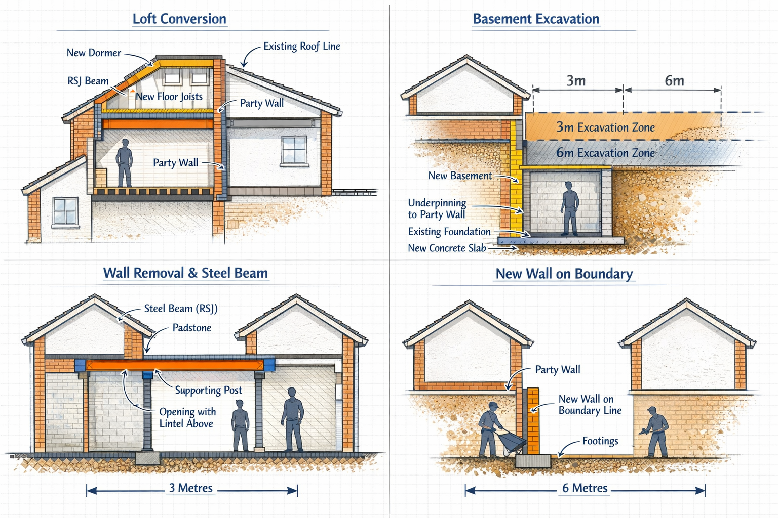 Detailed landscape format (1536x1024) architectural illustration displaying various types of party wall works in cross-section view. Split-s