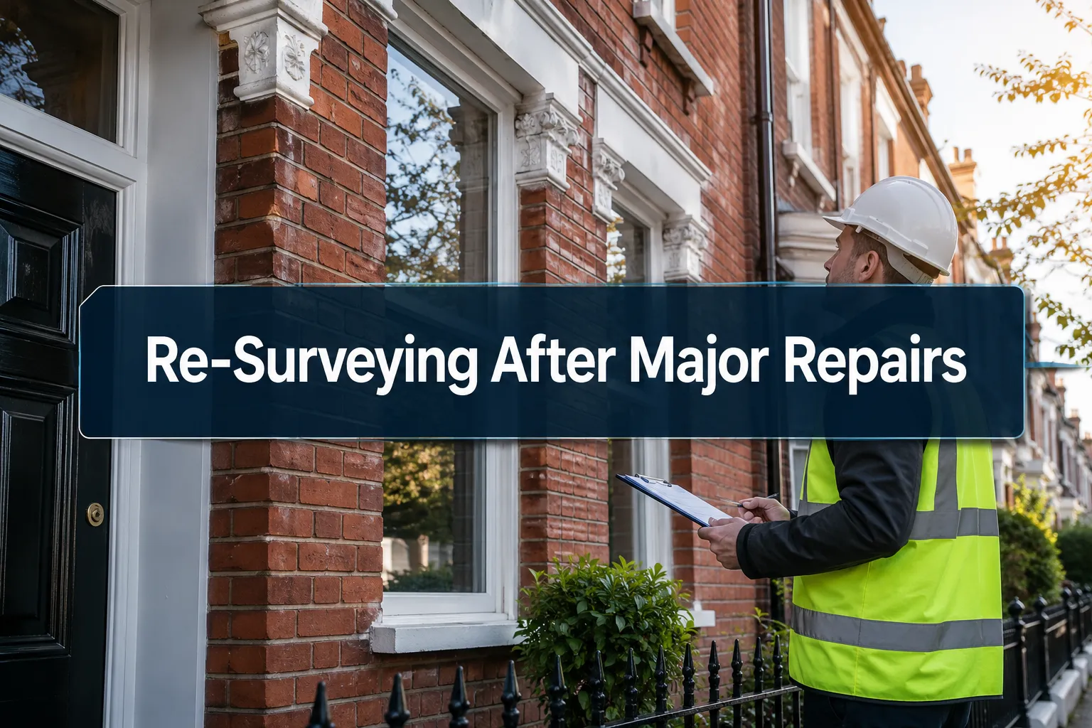 Professional () hero image with (≤42 chars): 'Re-Surveying After Major Repairs' in crisp white on a deep navy