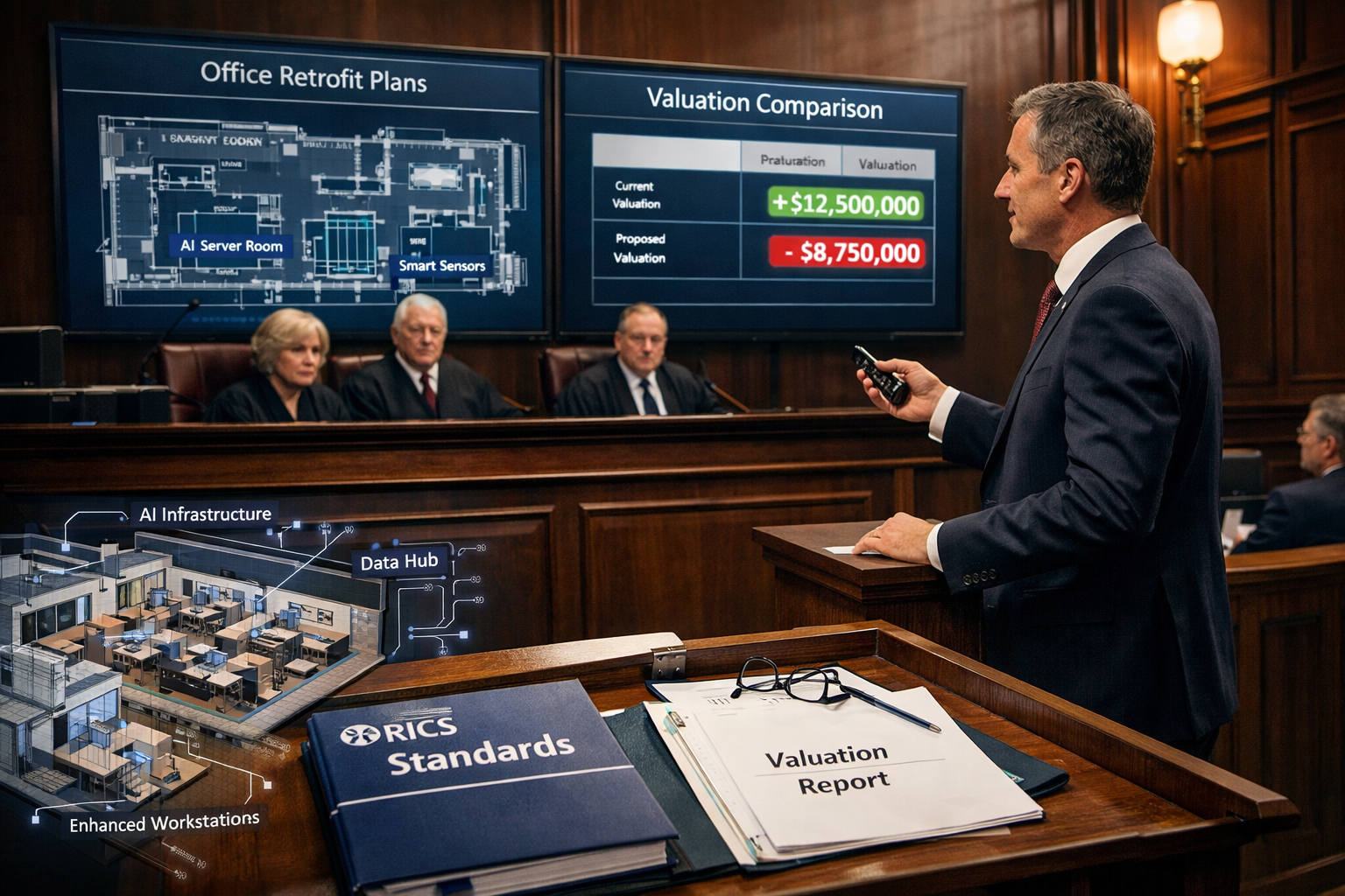 () detailed image showing professional courtroom or arbitration setting with expert witness stand in foreground, large