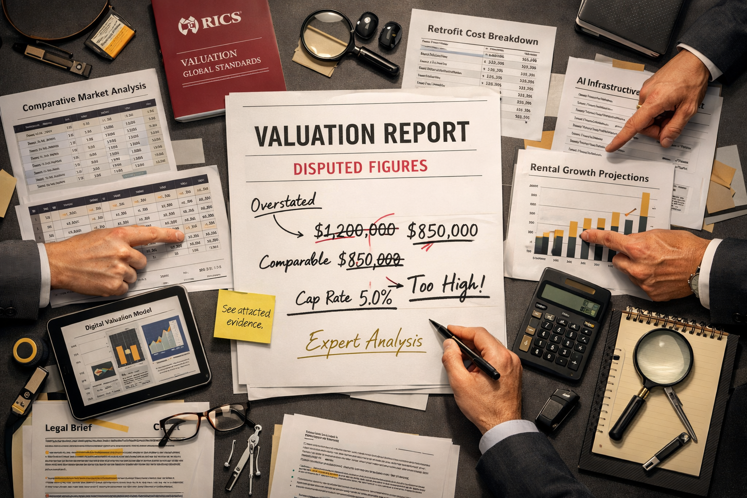 () overhead view of professional meeting table covered with detailed valuation dispute documentation including comparative