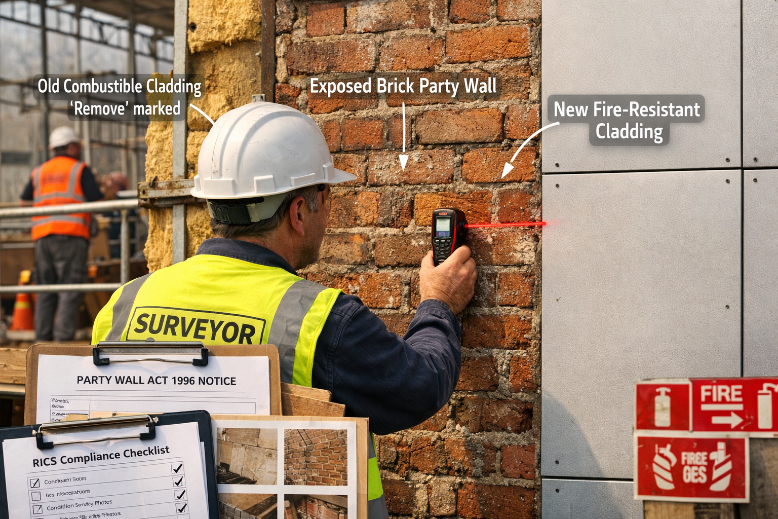 Detailed () image showing close-up view of party wall surveyor conducting inspection at shared wall between two residential
