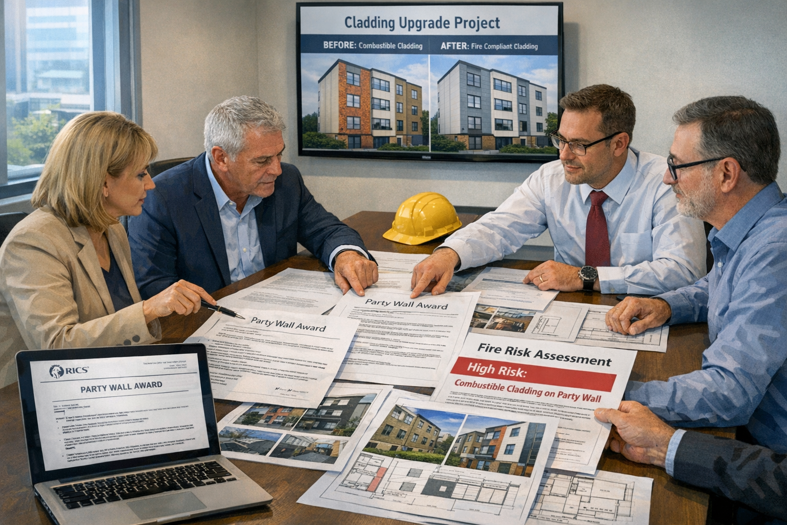 Detailed () image showing professional meeting scene between property owners, party wall surveyors, and fire safety