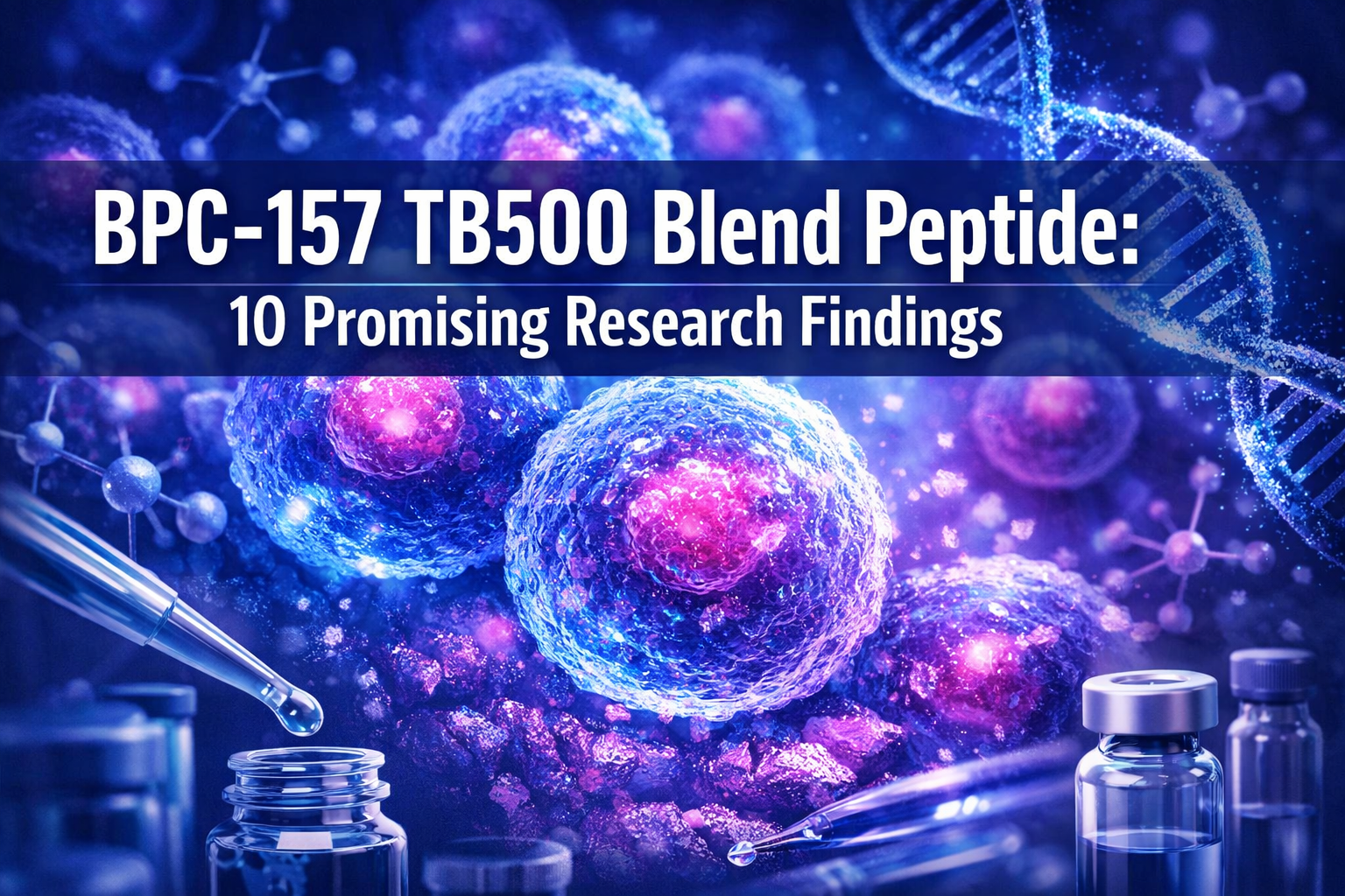 Professional landscape hero image (1536x1024) featuring bold text overlay 'BPC-157 TB500 Blend Peptide: 10 Promising Research Findings' in e