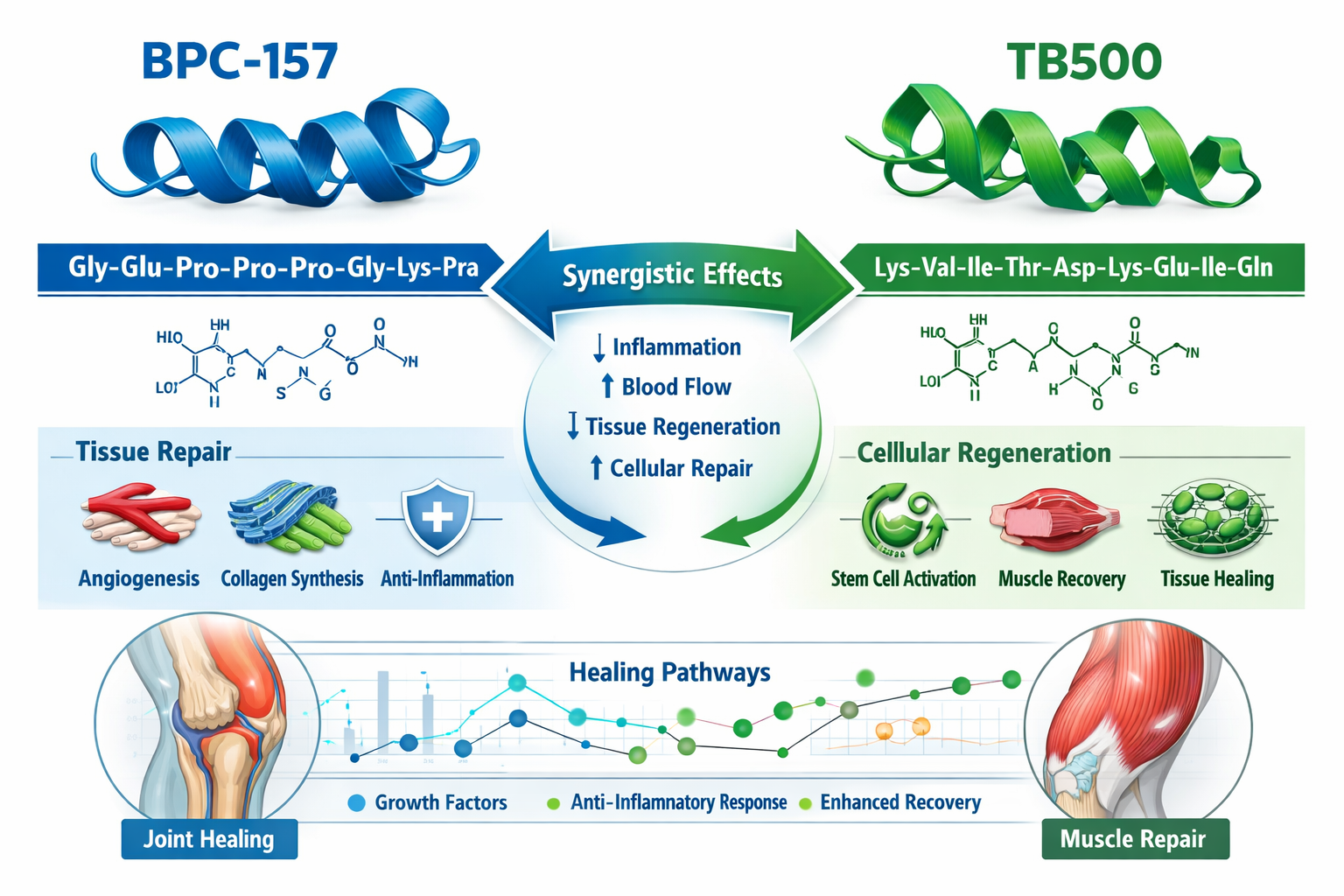 Scientific infographic showing BPC-157 and TB500 molecular structures side by side with connecting synergy arrows, detailed peptide chain il