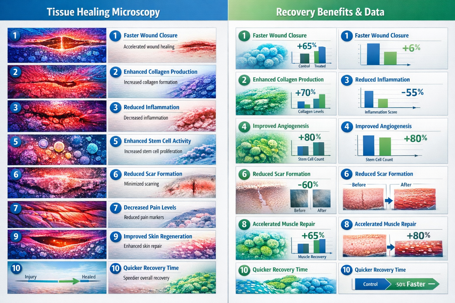 Split-screen comparison chart displaying 10 research findings as numbered boxes with icons, left side showing tissue healing microscopy imag