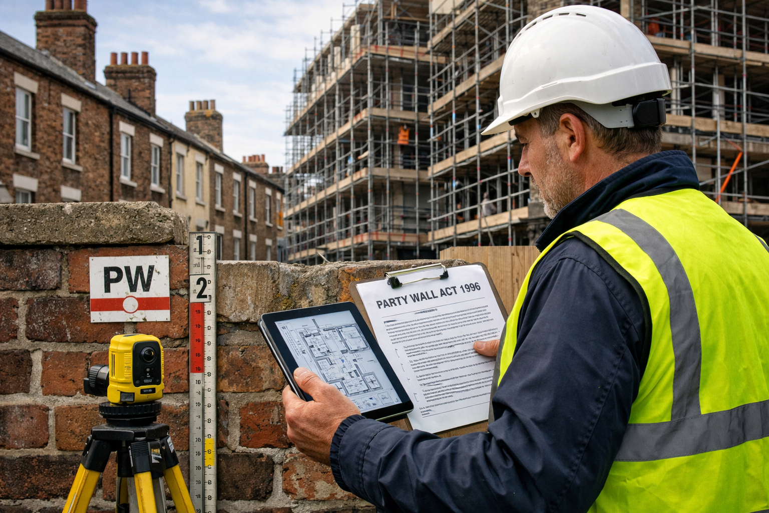 Detailed () image showing close-up of party wall surveyor conducting inspection at Liverpool construction site boundary,