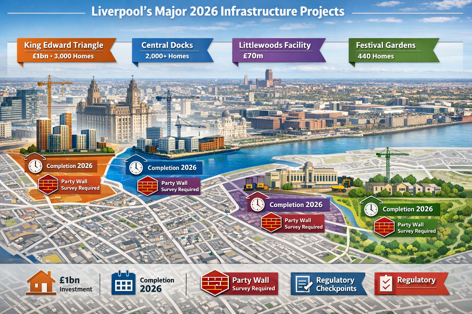 Comprehensive () infographic-style image displaying Liverpool's major 2026 infrastructure projects on detailed city map with