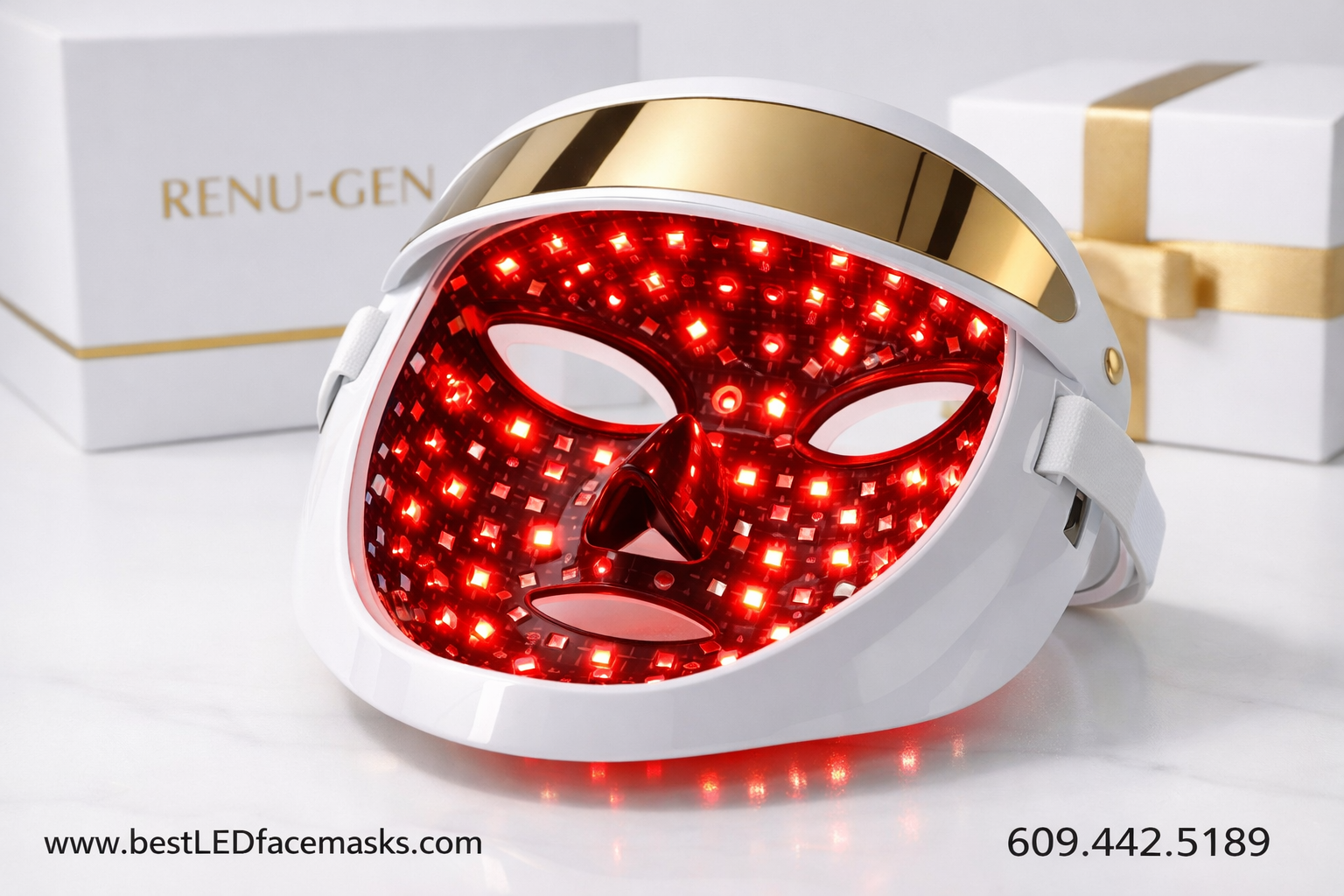 () close-up product shot of the Renu-Gen LED face mask on a clean white surface with soft studio lighting, showing the