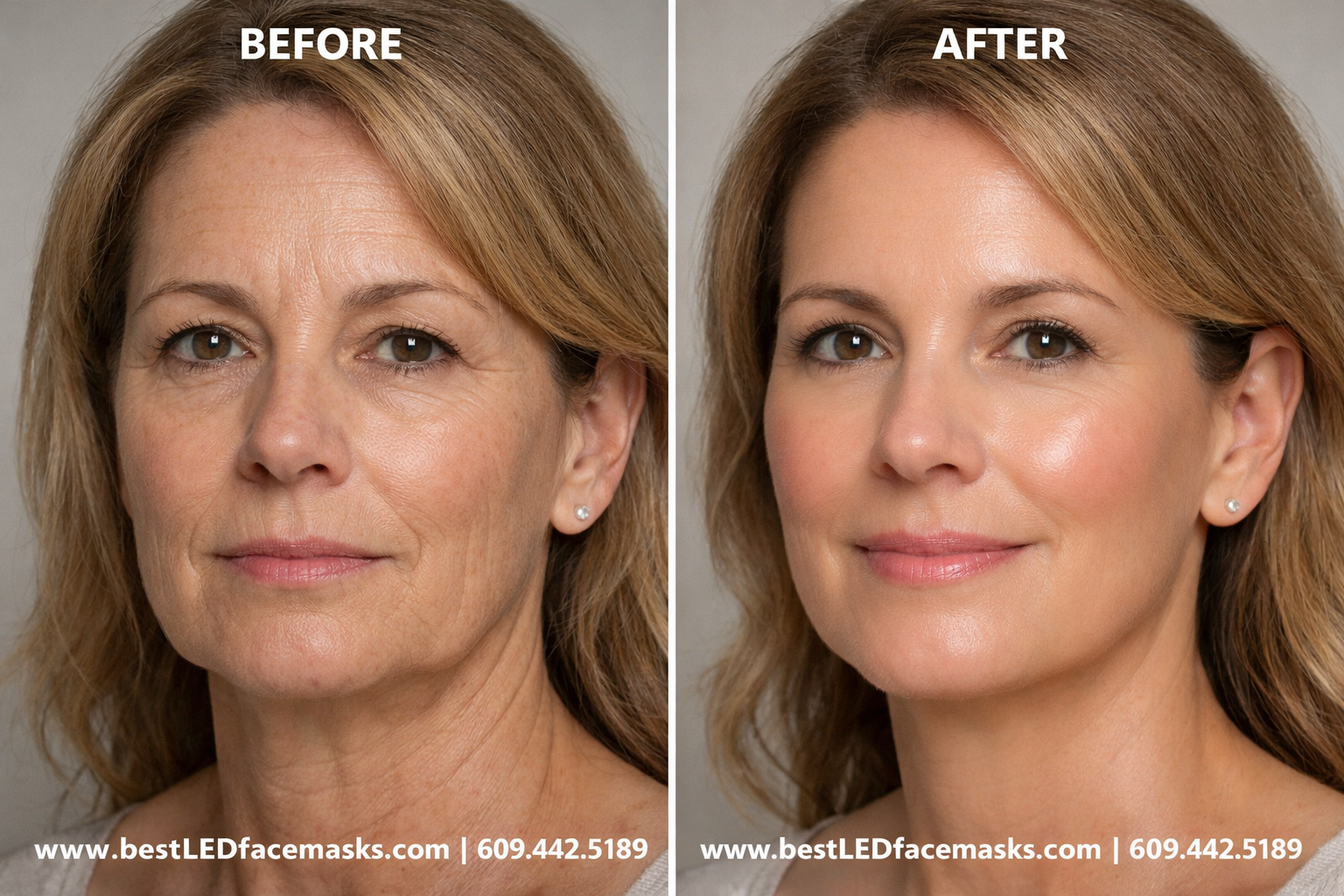 () split-screen before-and-after comparison showing a woman's face with fine lines and dull skin on the left versus visibly