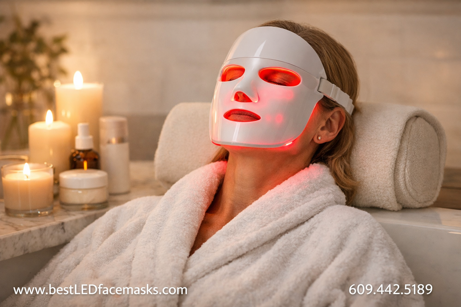 () lifestyle image of a woman in her mid-40s relaxing in a bright modern bathroom wearing the Renu-Gen LED face mask, soft
