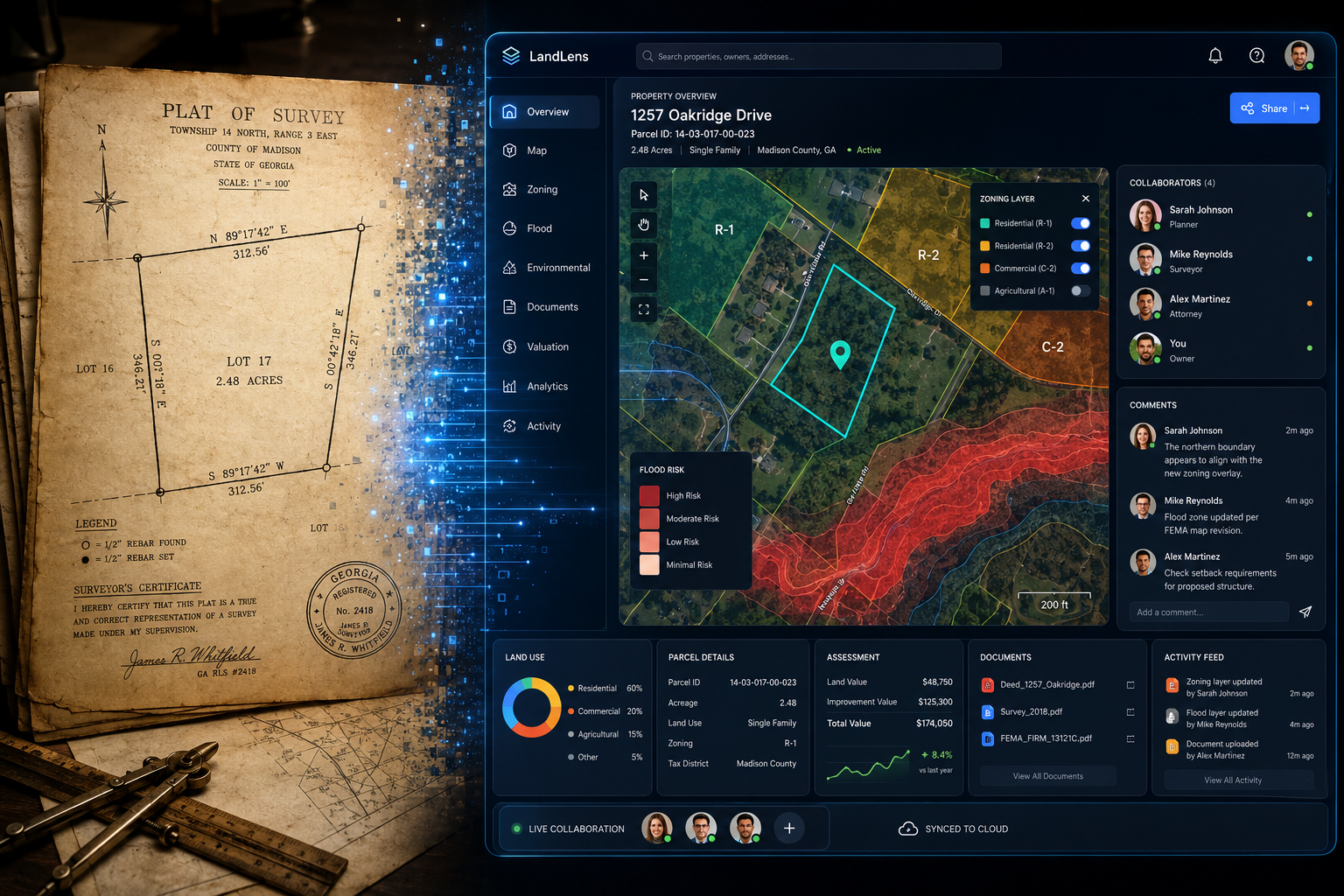 () detailed illustration showing a traditional paper plat document transforming into a dynamic browser-based interactive