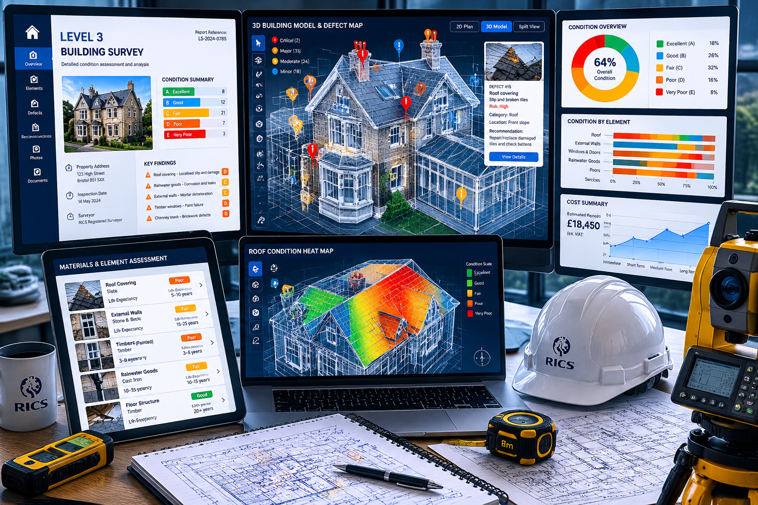 () overhead bird's-eye view of a property surveyor's desk transitioning to a multi-screen digital workspace. One screen