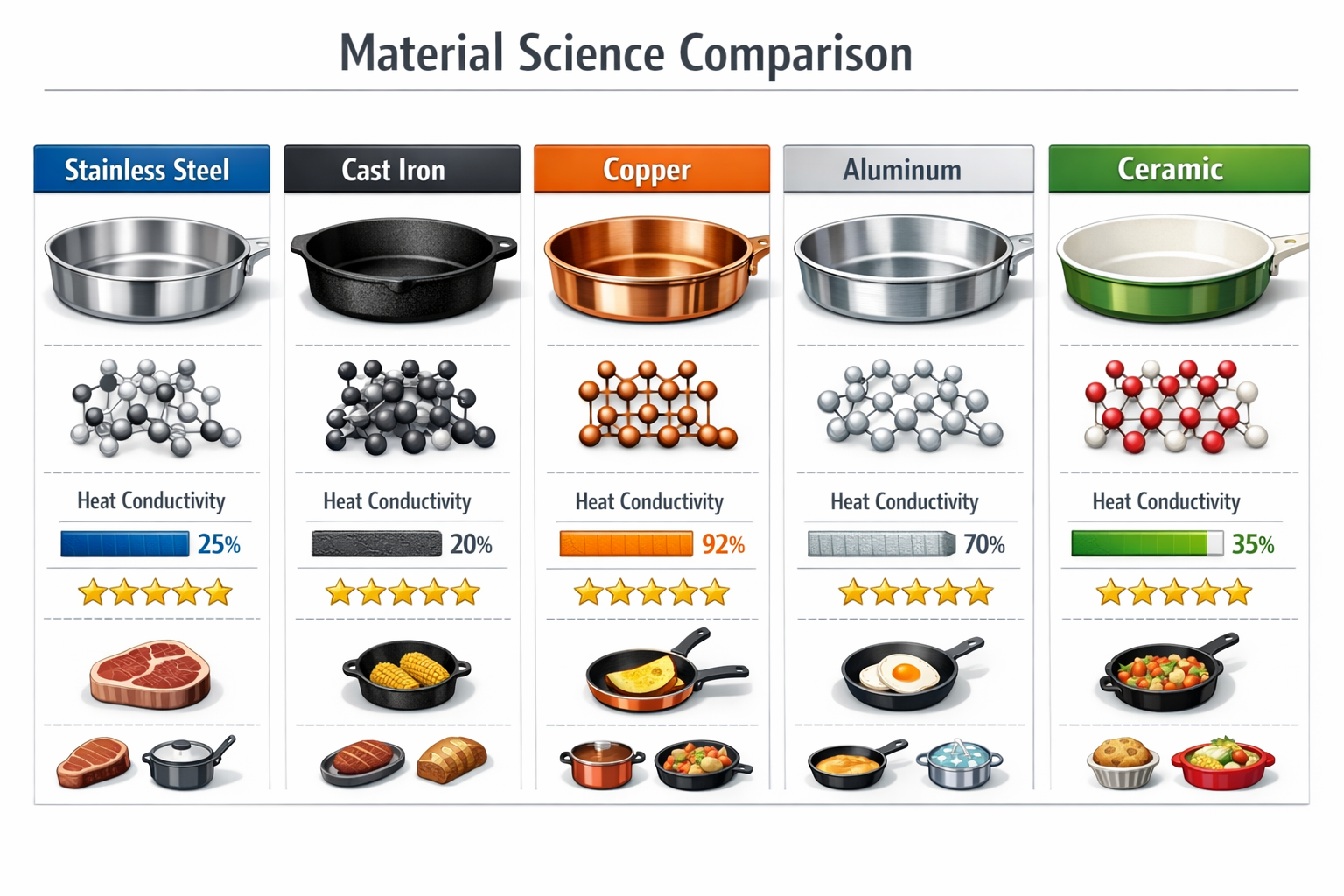 Detailed infographic-style image (1536x1024) showing cross-section comparison of different cookware materials including stainless steel, cas