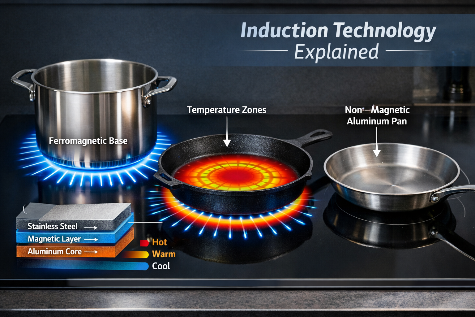 High-quality editorial photograph (1536x1024) of modern induction cooktop surface with magnetic field visualization effects shown as glowing