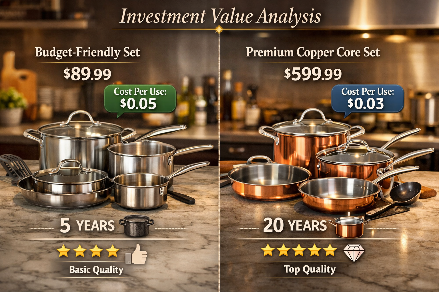 Professional kitchen scene photograph (1536x1024) showing side-by-side comparison of budget-friendly and premium cookware sets on marble cou