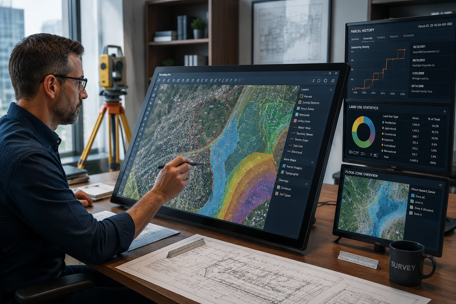 Wide () illustration showing a professional surveyor at a large touchscreen workstation displaying layered GIS maps with