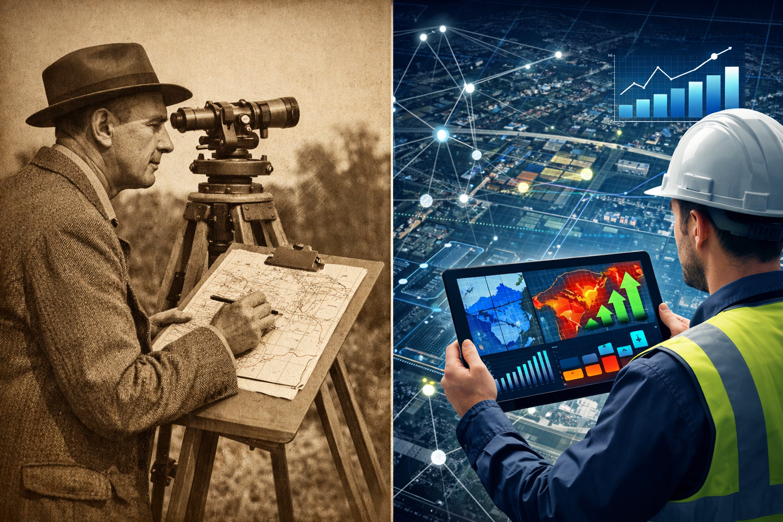 Landscape format (1536x1024) editorial image showing split-screen comparison of traditional versus modern surveying methods. Left panel: vin