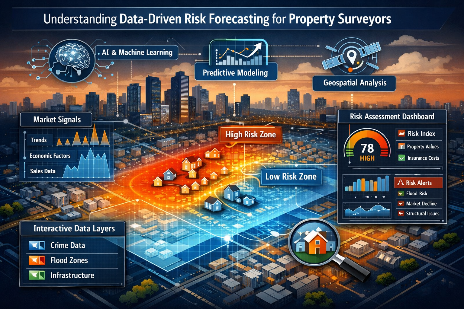 A sophisticated data visualization landscape depicting 'Understanding Data-Driven Risk Forecasting for Property Surveyors', featuring an int