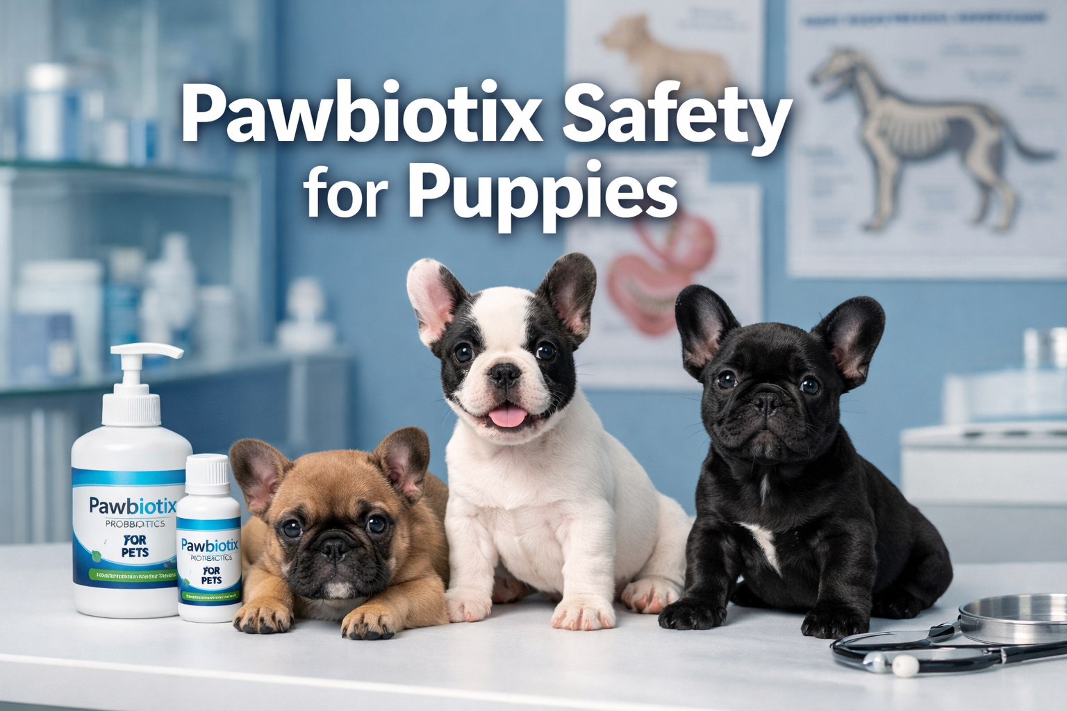 Professional landscape format (1536x1024) hero image featuring bold text overlay 'Pawbiotix Safety for Puppies' in extra large 72pt white sa