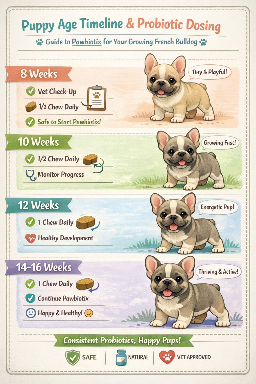 Portrait format (1024x1536) infographic showing puppy age timeline from 8-16 weeks with Pawbiotix dosing guidelines, featuring cute French B