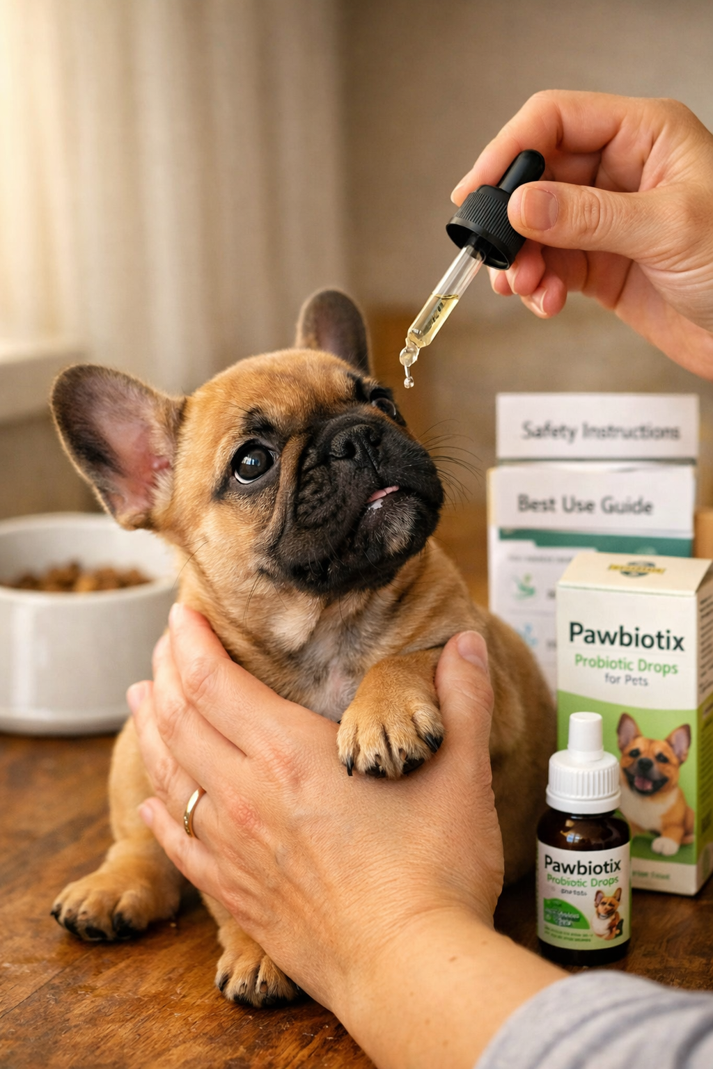 Professional portrait format (1024x1536) image showing French Bulldog puppy receiving Pawbiotix drops from caring owner, with visible dosage