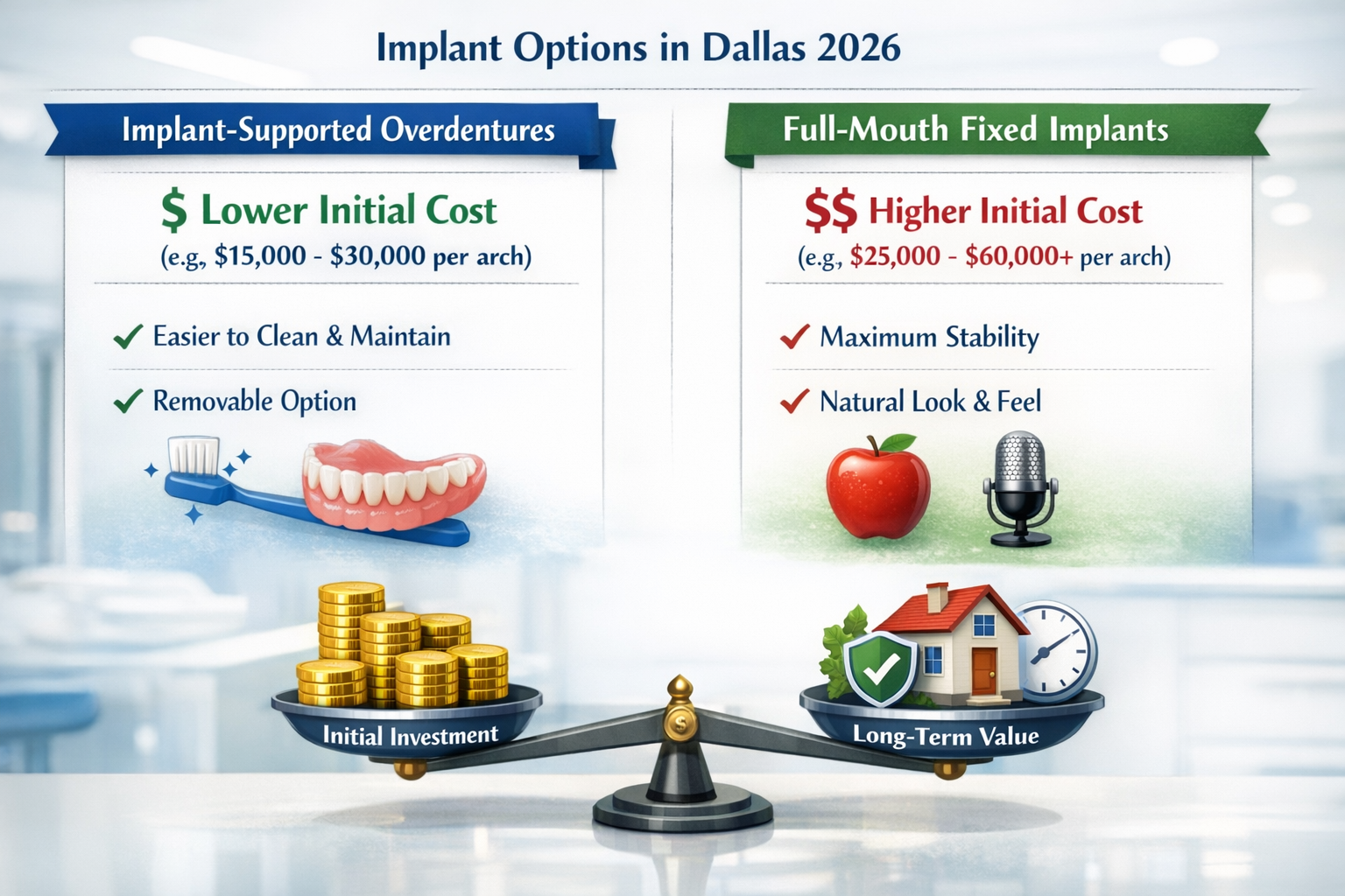 Landscape format (1536x1024) image featuring a detailed infographic comparing the cost ranges and benefits for Implant-Supported Overdenture