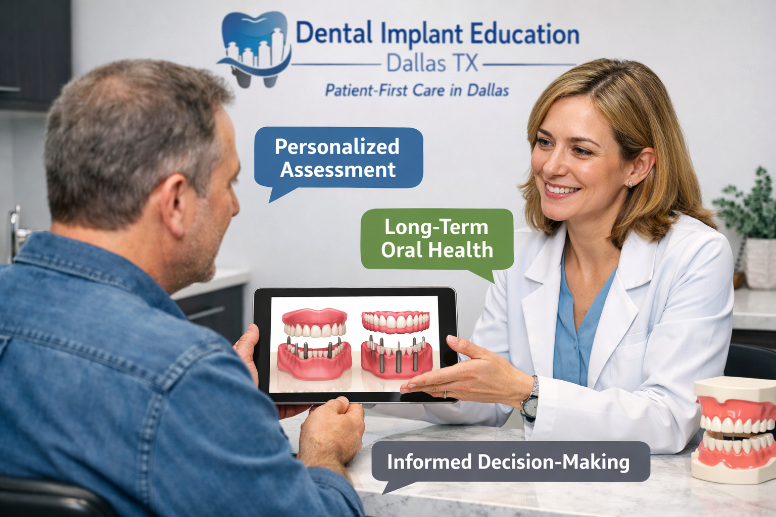 Landscape format (1536x1024) image depicting a patient consulting with a dentist in a modern Dallas dental office. The patient is shown revi