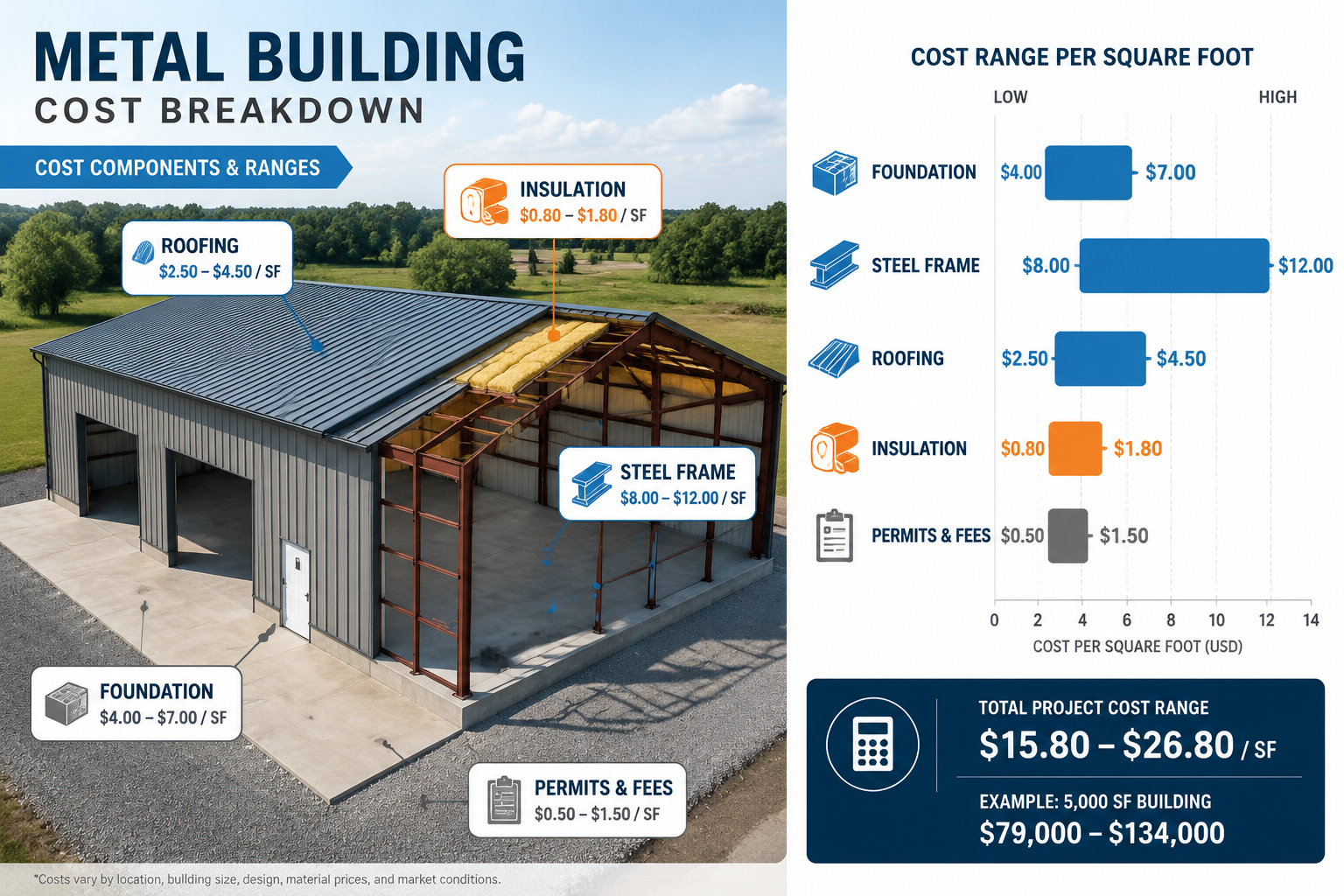 Detailed () infographic-style illustration showing a cost breakdown diagram for a metal building project: a split-scene