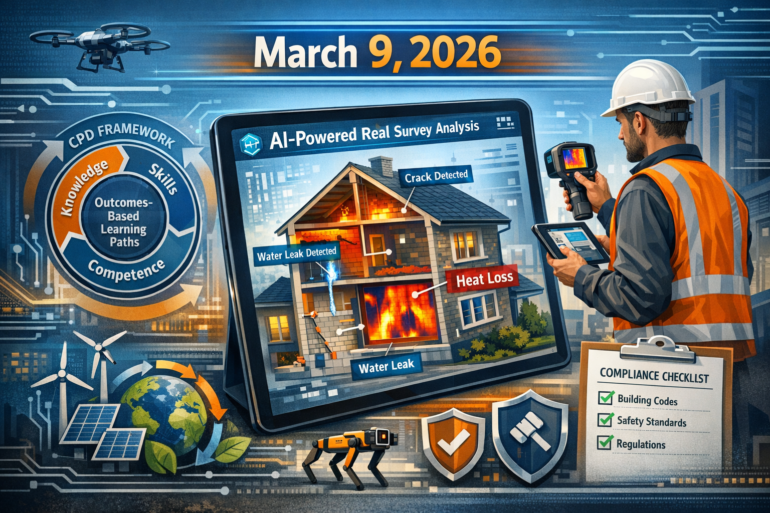 Landscape format (1536x1024) comprehensive visual showing AI integration in building surveying practice with March 9 2026 implementation dat