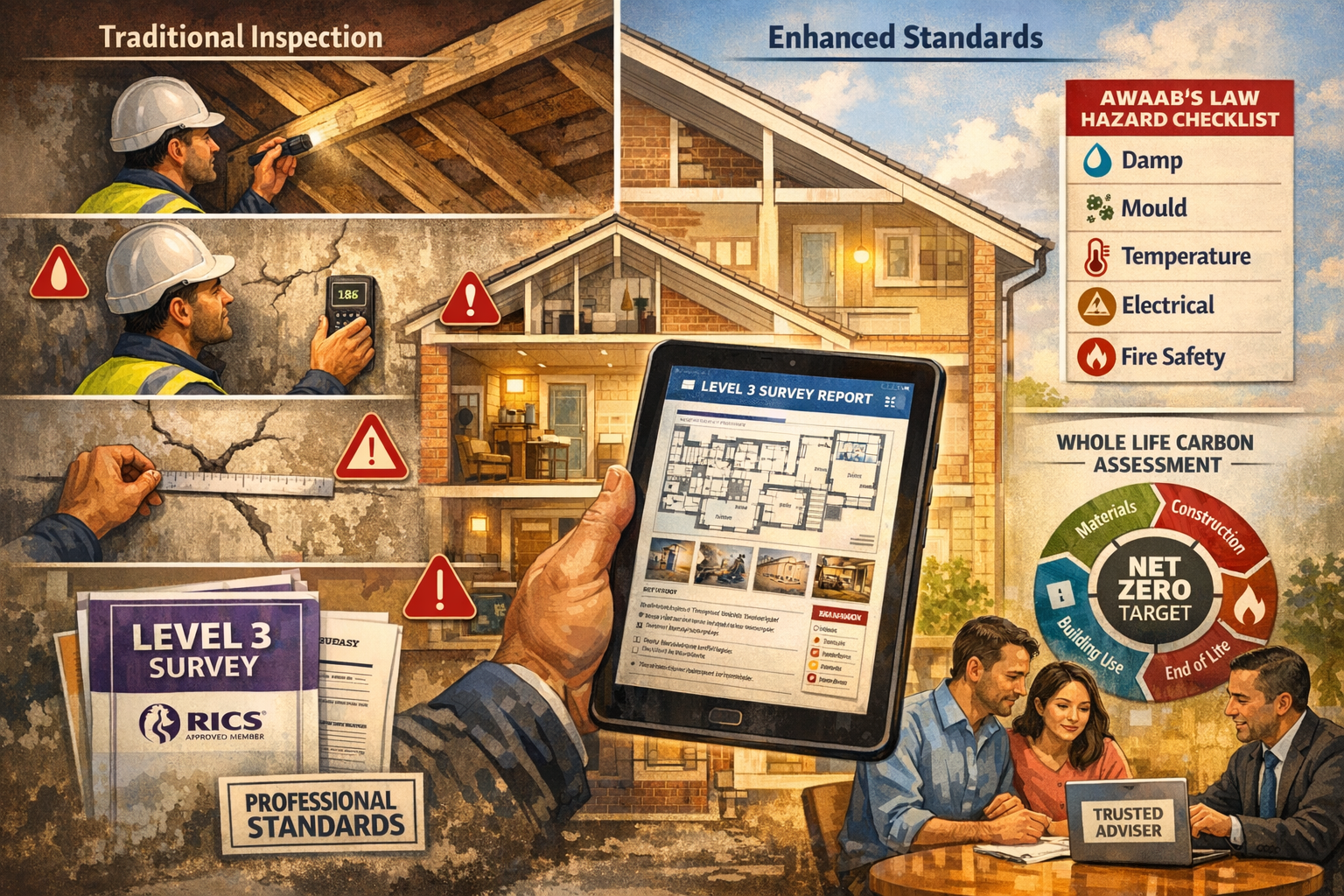 Landscape format (1536x1024) detailed illustration of comprehensive Level 3 building survey in progress showing surveyor conducting thorough